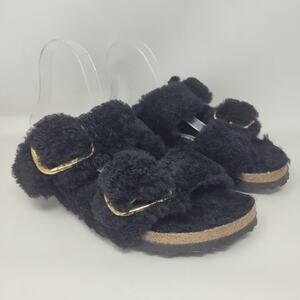 Birkenstock Black Fuzzy Sandals with Gold Details